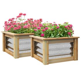 Outsunny Raised Garden Bed Set of 2, Outdoor Planter Box, Galvanized Metal Reinforced with Wood, Stock Tanks for Growing Flowers, Herbs and Veget