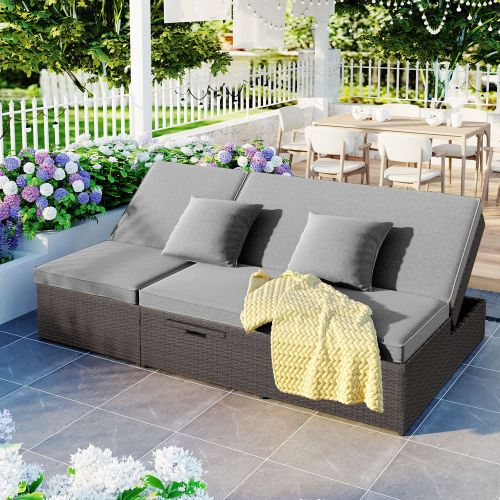 Outdoor Double Sunbed; Wicker Rattan Patio Reclining Chairs with Adjustable Backrest and Seat; Conversational Set for 2 Person Outdoor Double Sunbed; Wicker Rattan Patio Reclining Chairs with Adjustable Backrest and Seat; Conversational Set for 2 Person