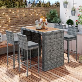 5-pieces Outdoor Patio Wicker Bar Set, Bar Height Chairs With Non-Slip Feet And Fixed Rope, Removable Cushion, Acacia Wood Table Top (Color: Gray)