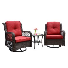 Outdoor Bistro Set 3 Pieces;  Outdoor Resin Wicker Swivel Rocker Patio Chair;  360-Degree Swivel Rocking Chairs and Tempered Glass Top Side Coffe (Color: Red)